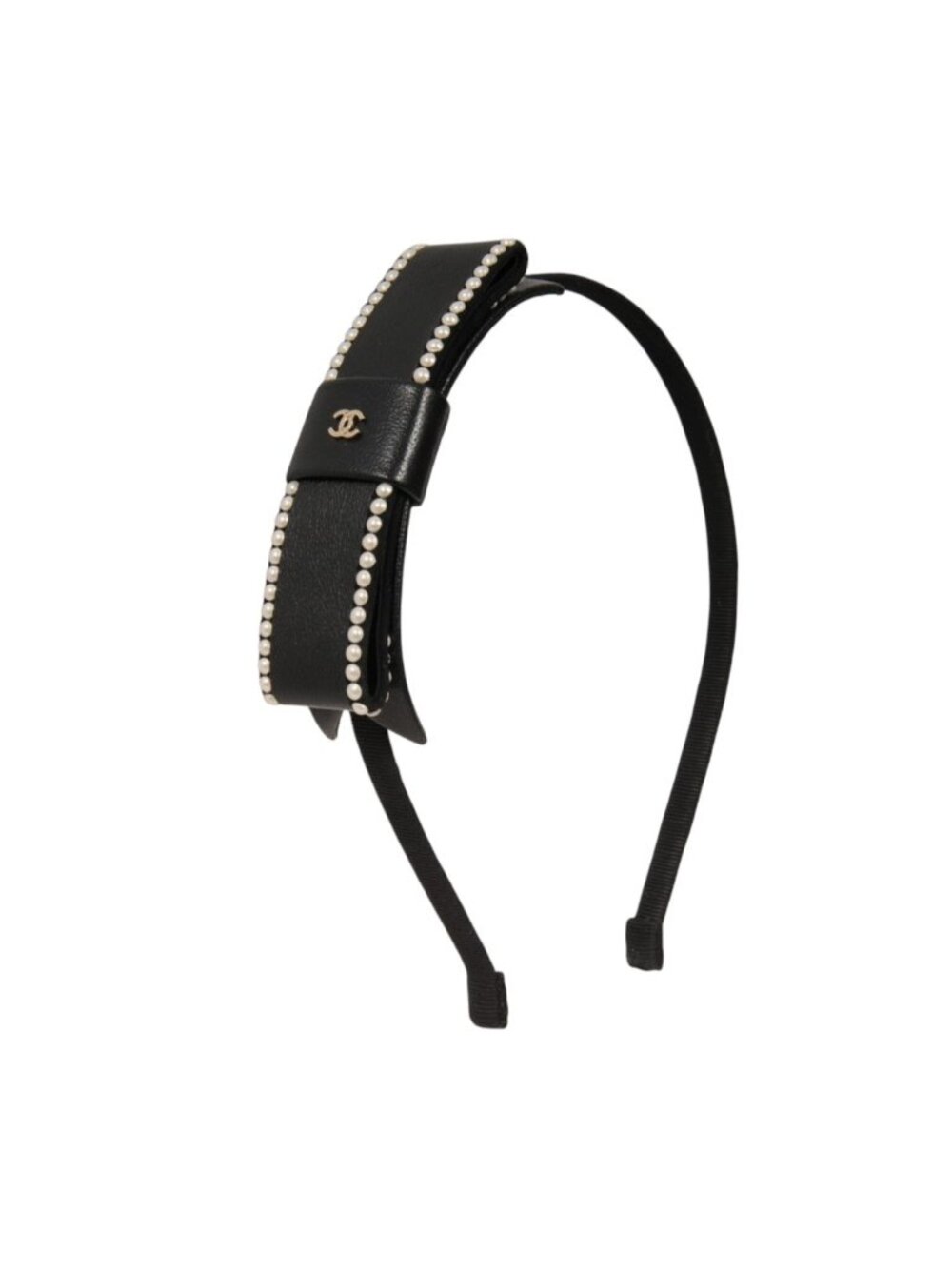 Chanel Hairband Black White Pearl Leather CC Runway Headband